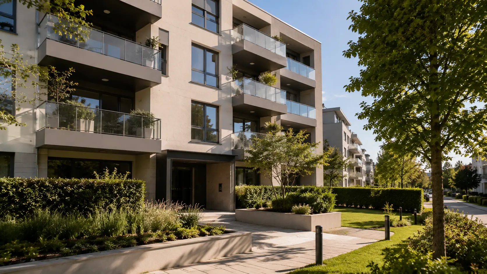 Façade d'un immeuble résidentiel avec son entrée et ses abords