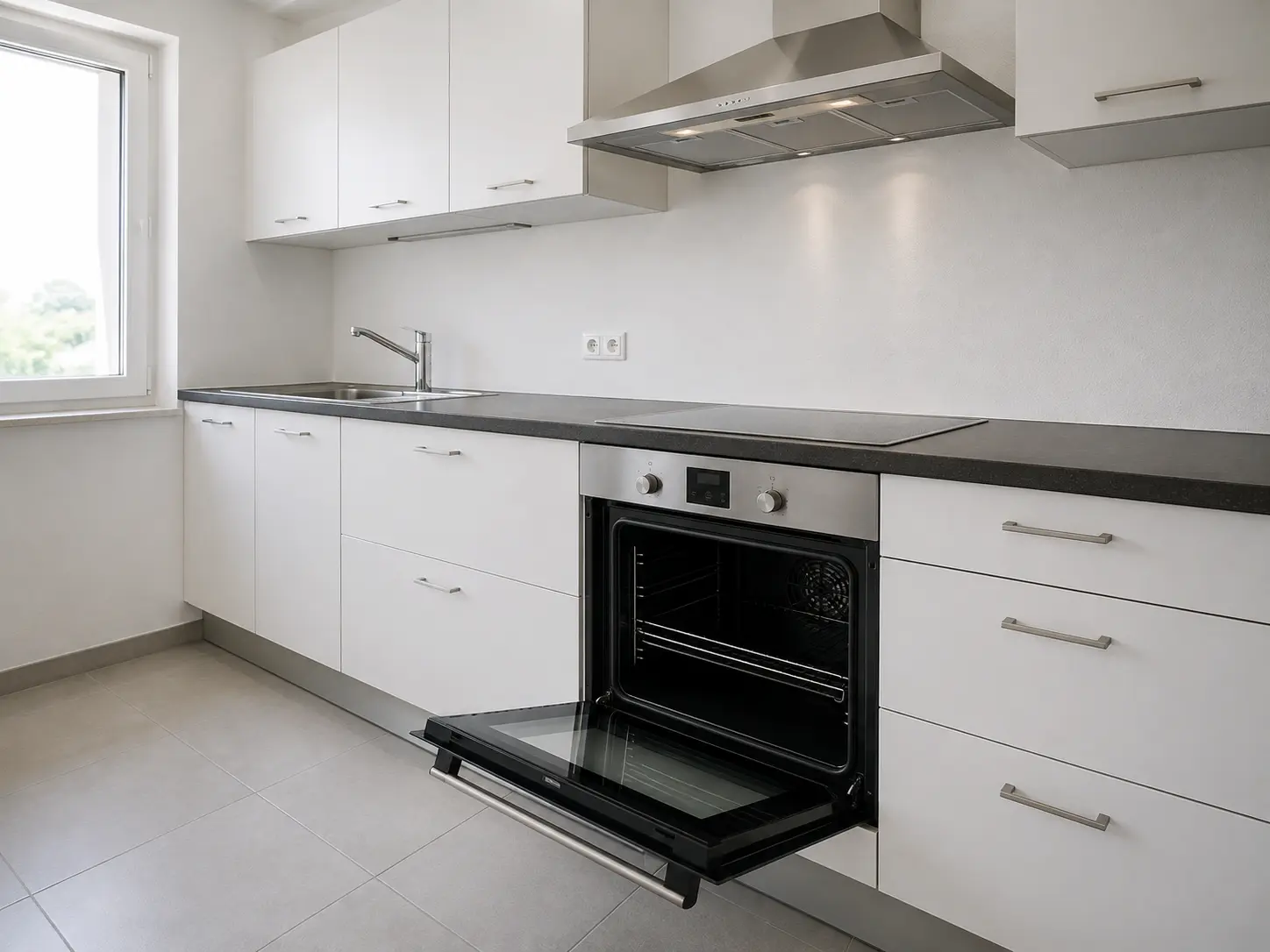 Cuisine nettoyée avec four et hotte propres avant la remise du logement
