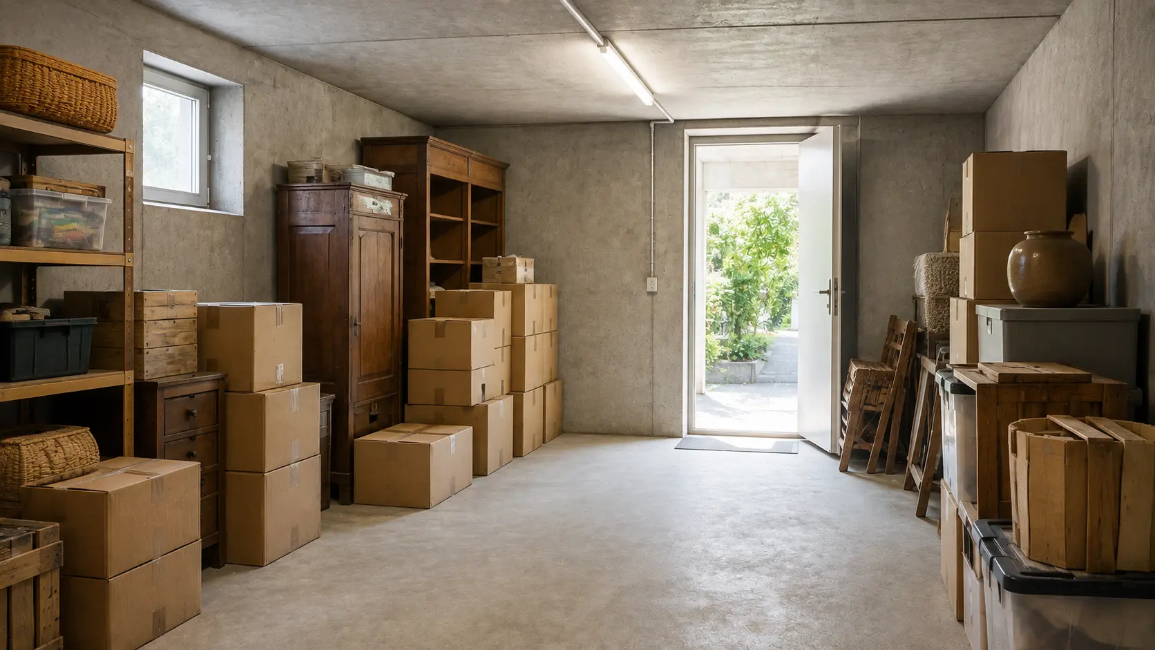 Cave encombrée de cartons et de meubles avant un débarras