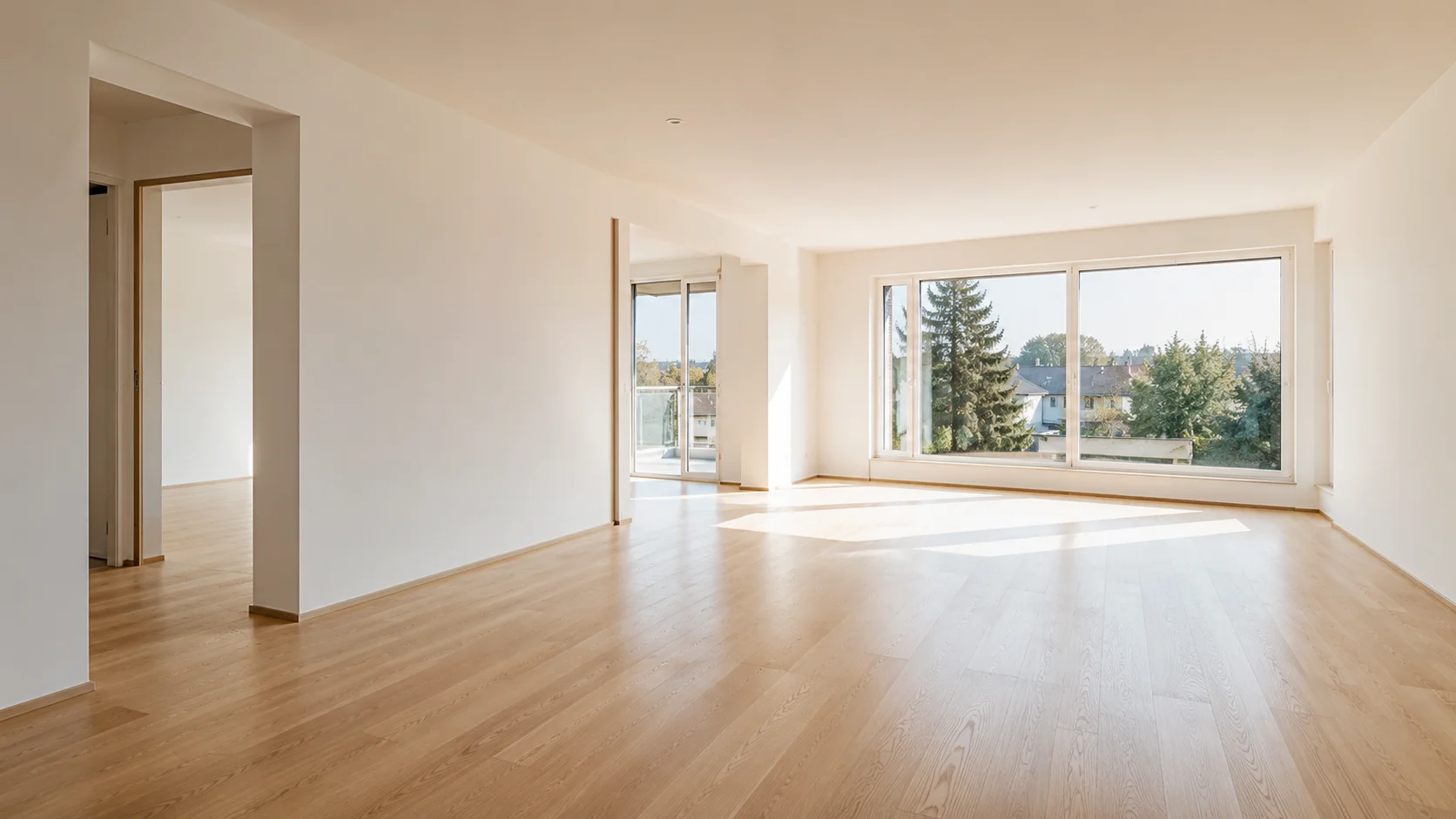 Salon vide et lumineux d'un appartement à Nyon après un nettoyage de fin de bail