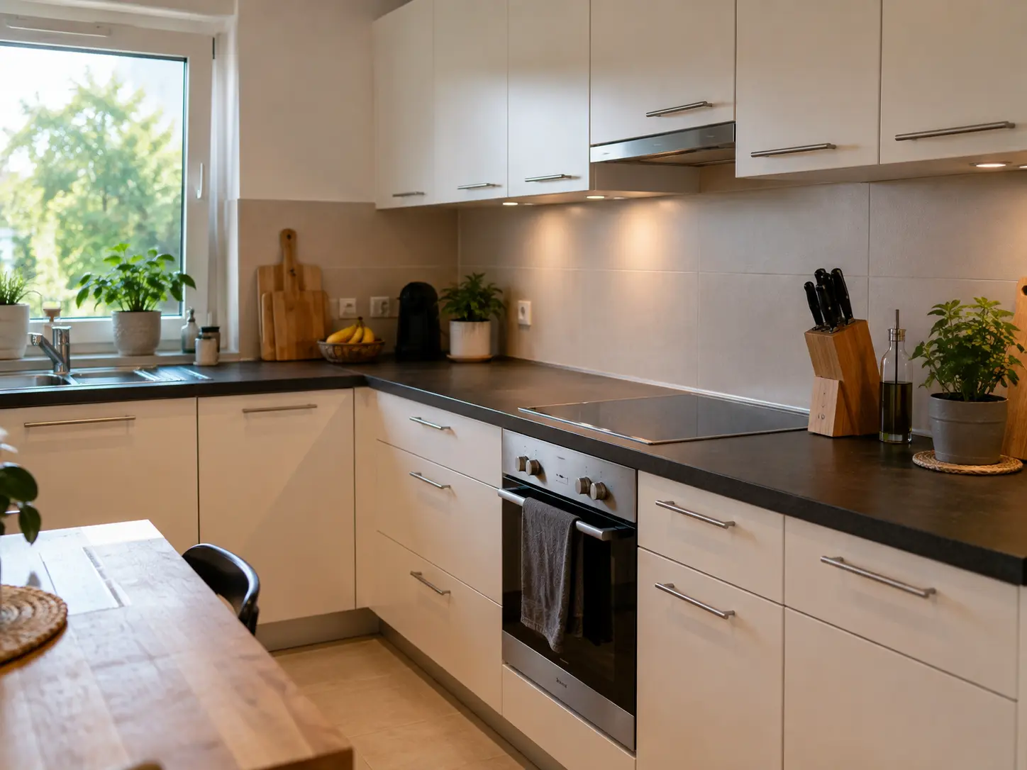Cuisine propre et rangée dans un logement occupé