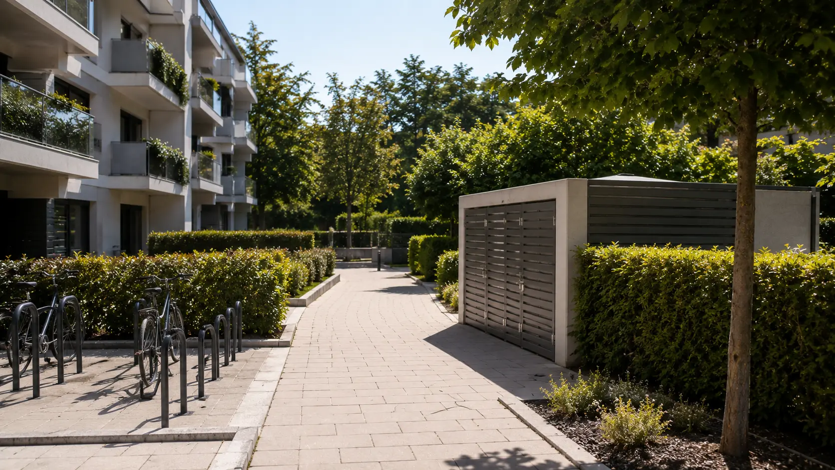 Abords d'immeuble entretenus avec cheminement et local à déchets