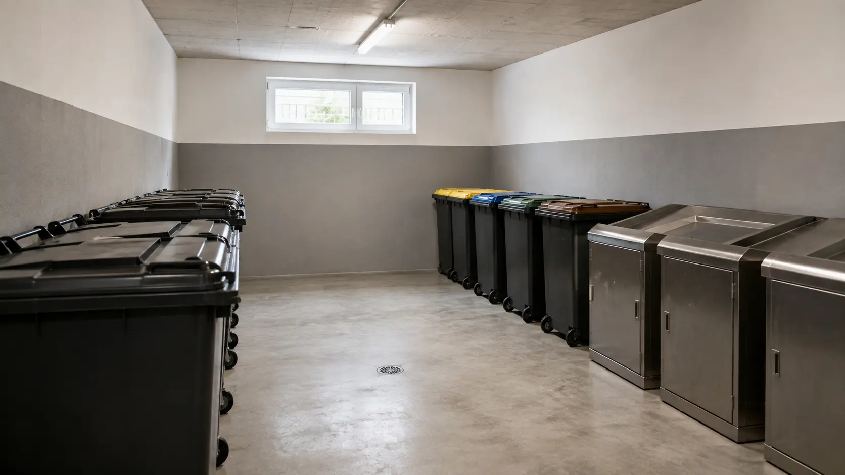 Local à déchets d'immeuble nettoyé avec conteneurs alignés
