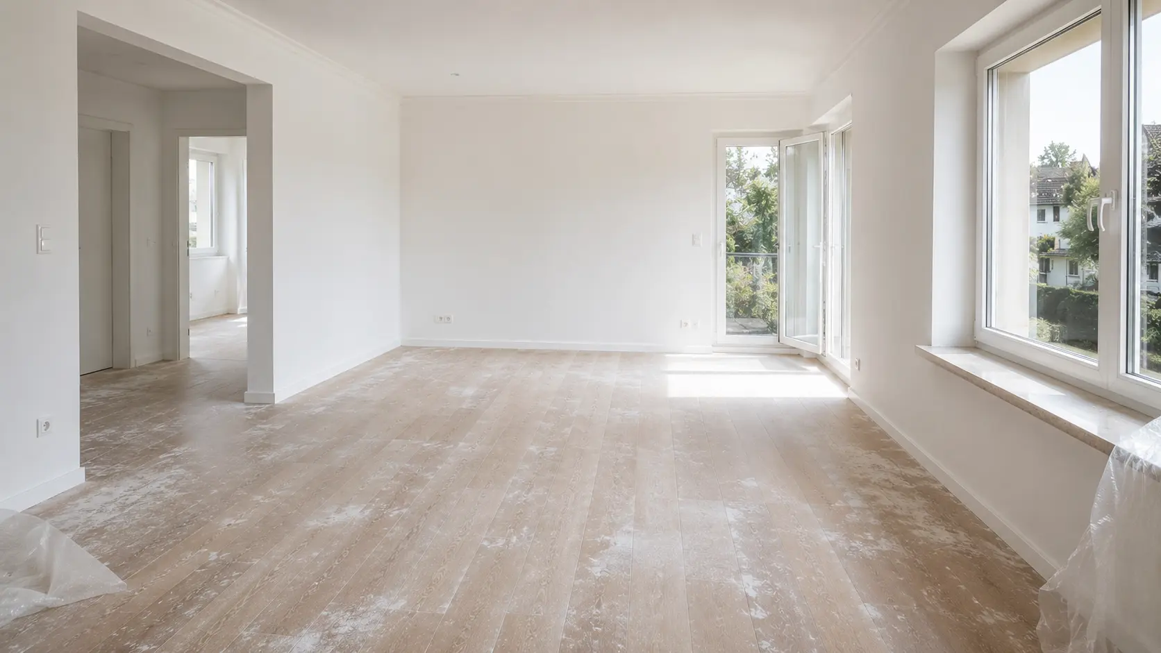 Pièce rénovée couverte de poussière de chantier avant nettoyage