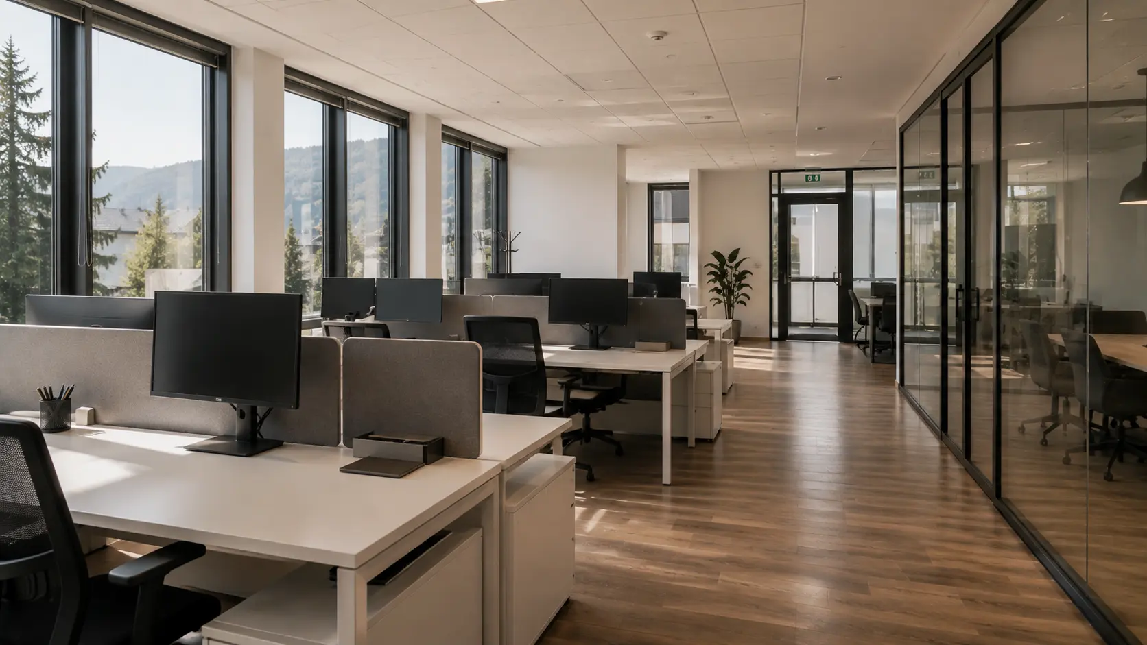 Bureaux en espace ouvert nettoyés et prêts à accueillir la journée