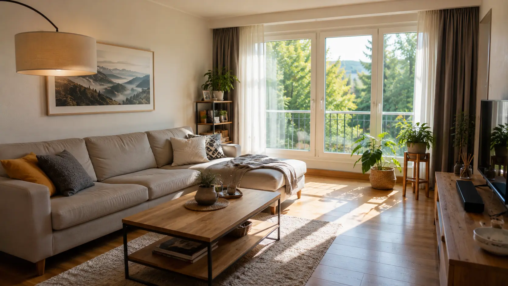Salon lumineux et rangé dans un appartement habité