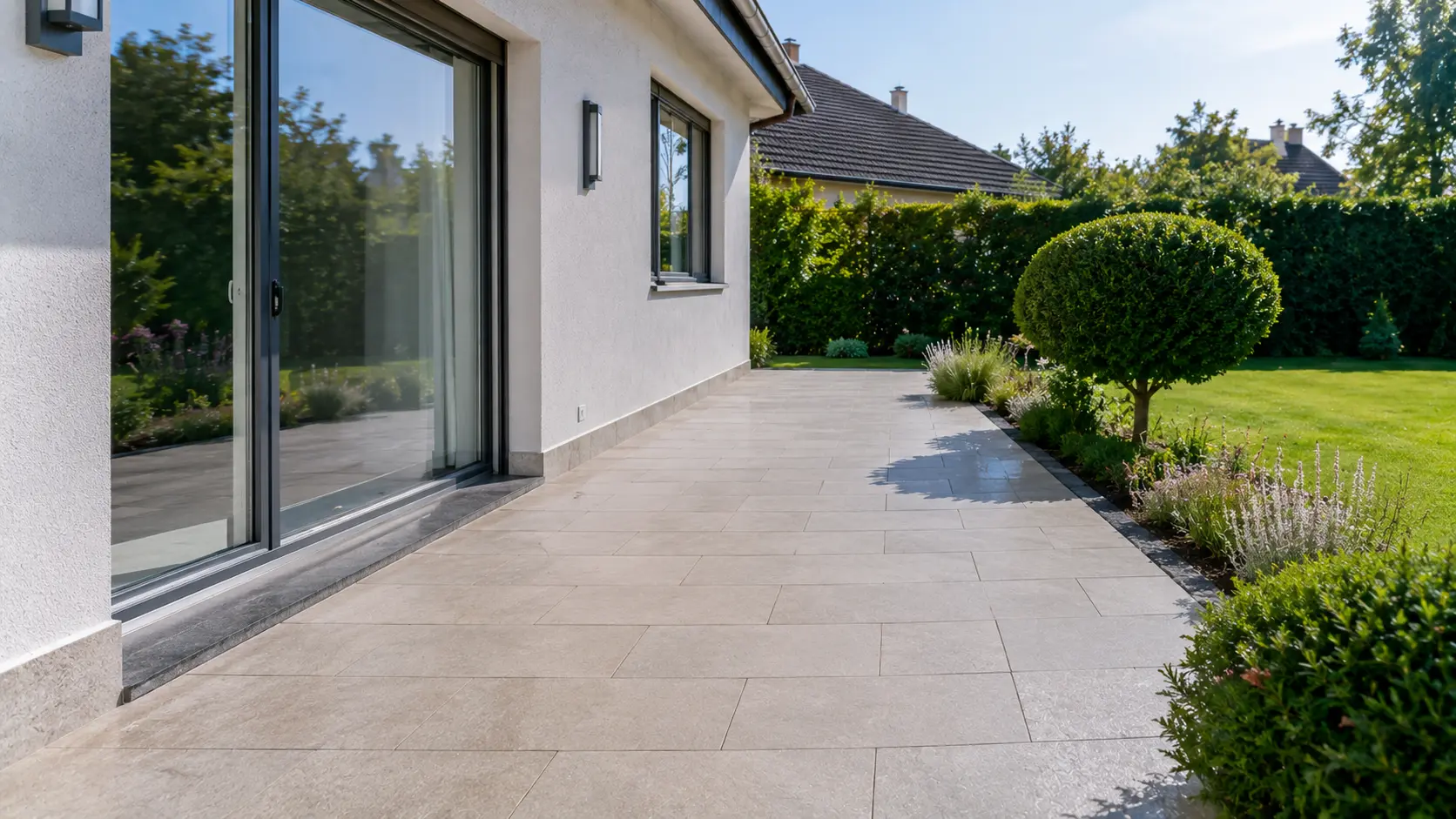Terrasse dallée nettoyée en haute pression devant une maison