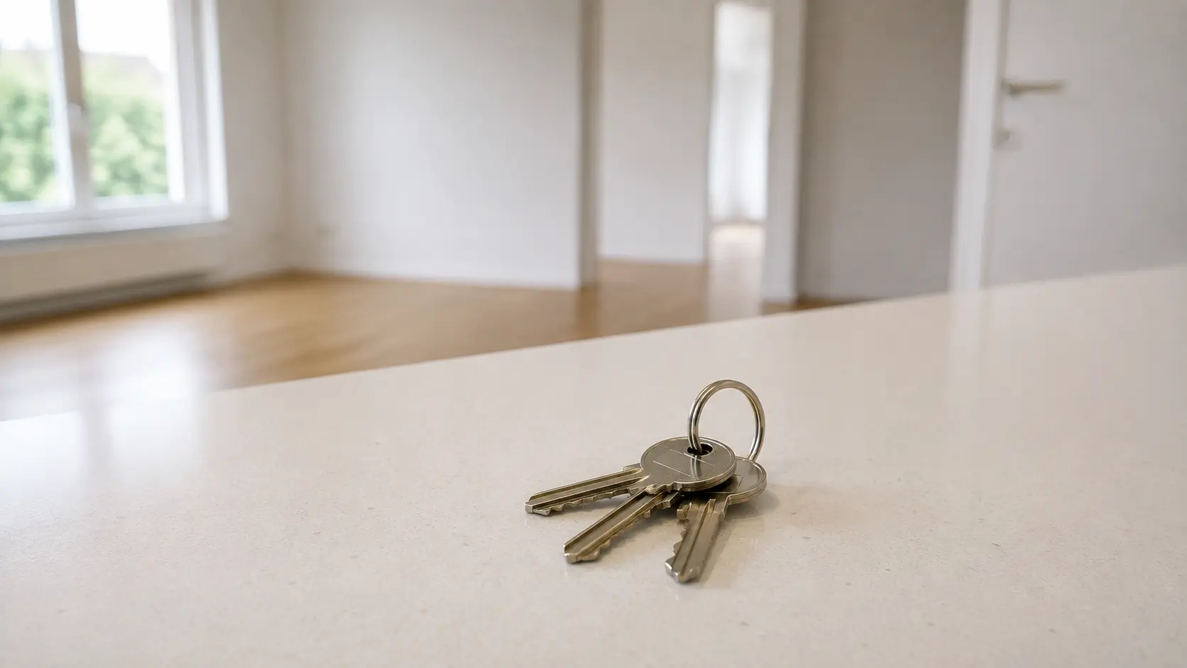 Jeu de clés posé sur un plan de travail dans un appartement vidé
