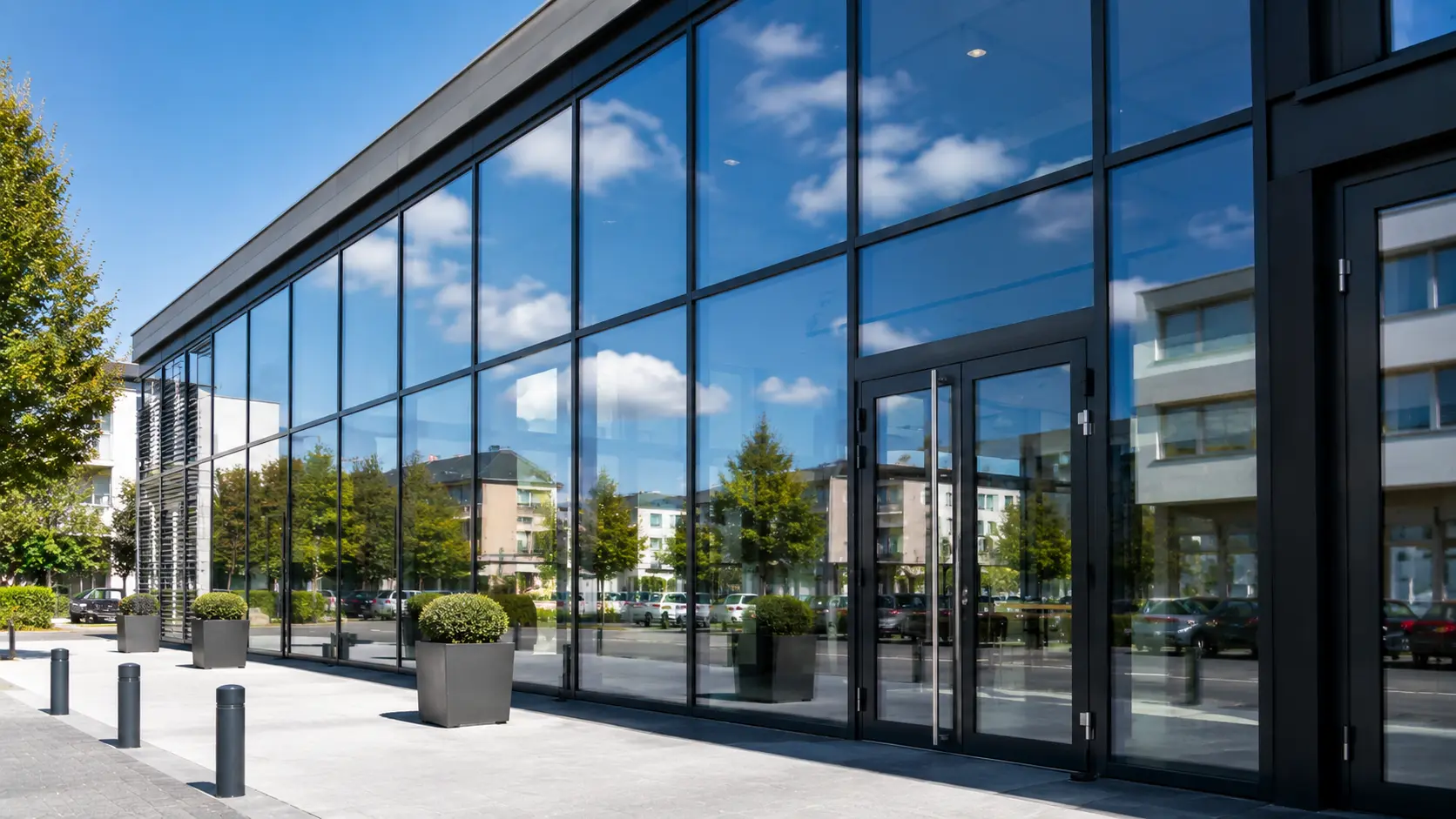 Grande surface vitrée d'un bâtiment commercial après nettoyage